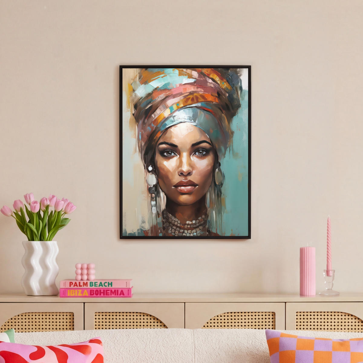 LEINWAND Bilder mit Rahmen - Frau - Kunst - Schmuck - Porträt - 60x80 - Blaugrau, Textil (60/80cm) - MuchoWow