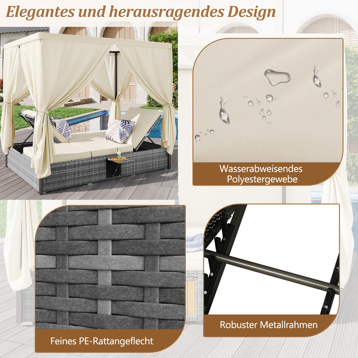 DOPPELLIEGE Cremeweiß Klappbar Mit Kissen & Klapptisch - Beige, Metall (128/186/187cm) - FLIEKS