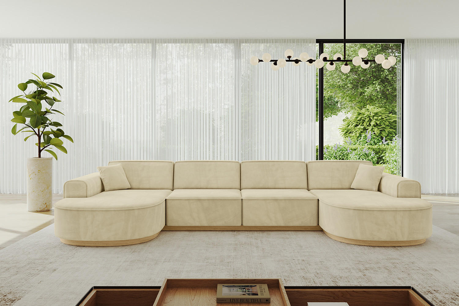 WOHNLANDSCHAFT MARI-U2-v2 - 388x171x83 cm Beige Velours - Beige, Holzwerkstoff/Textil (388/83/171cm) - ALTDECOR