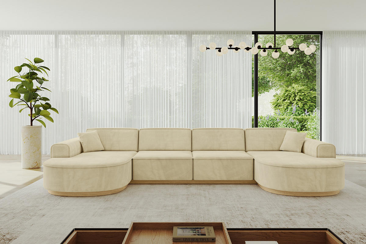 WOHNLANDSCHAFT MARI-U2-v2 - 388x171x83 cm Beige Velours - Beige, Holzwerkstoff/Textil (388/83/171cm) - ALTDECOR