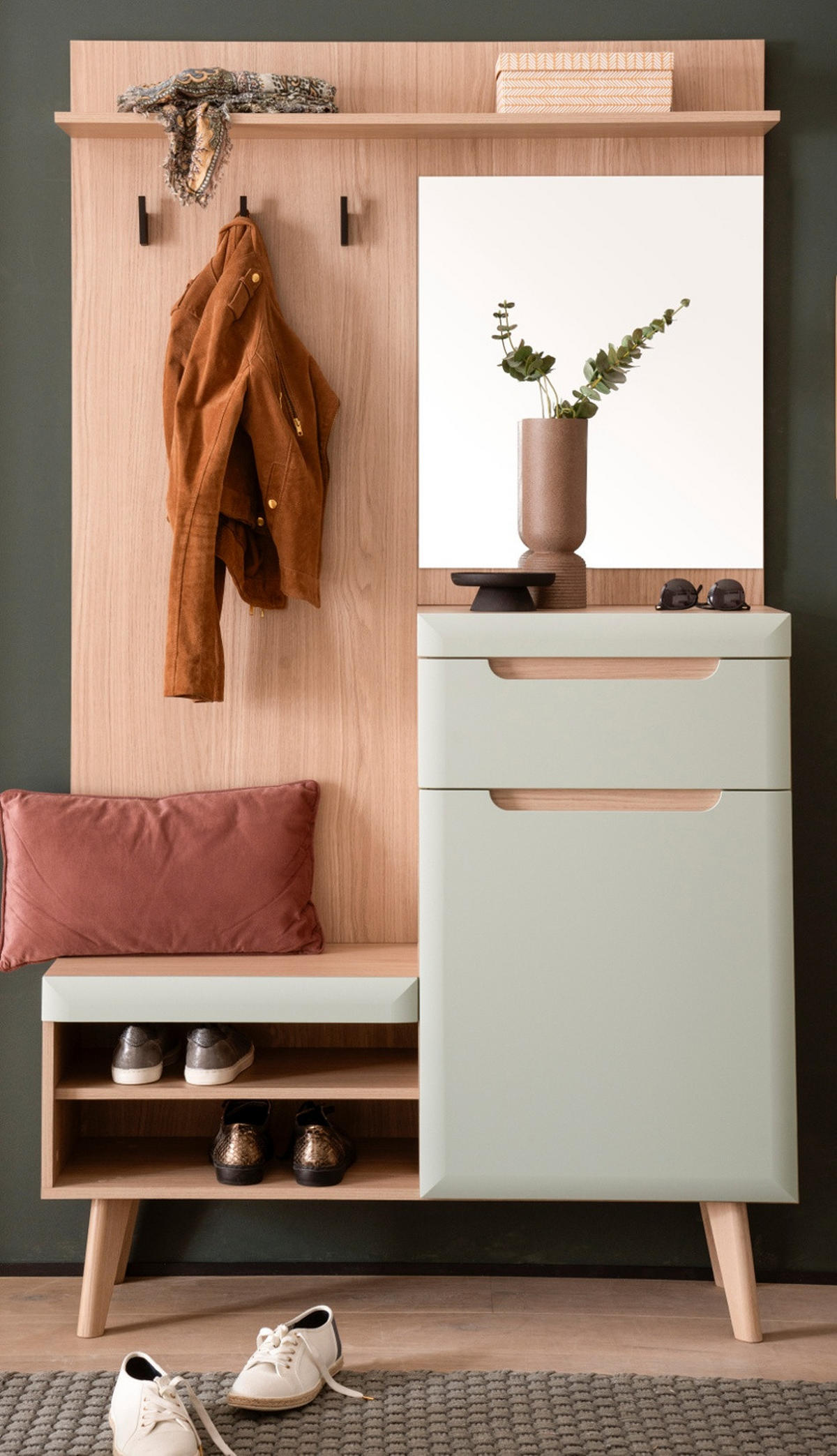 GARDEROBEN-SET Pistazie matt, Scandi Eiche, Kompaktgarderobe skandinavisch 110 x 197 cm - Eichefarben/Pastellgrün, Glas/Holz (107/197/34cm) - Furn.Design