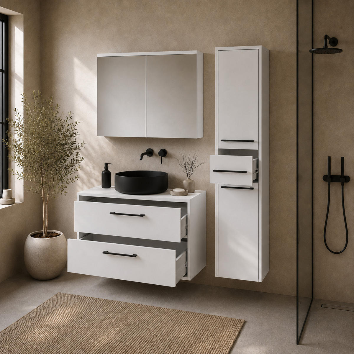 BADMÖBEL-SET Florence 3 Teile Hochglanz Weiß - 80 x 46 x 46 cm - Weiß, Holz (80/46/46cm) - Badplaats