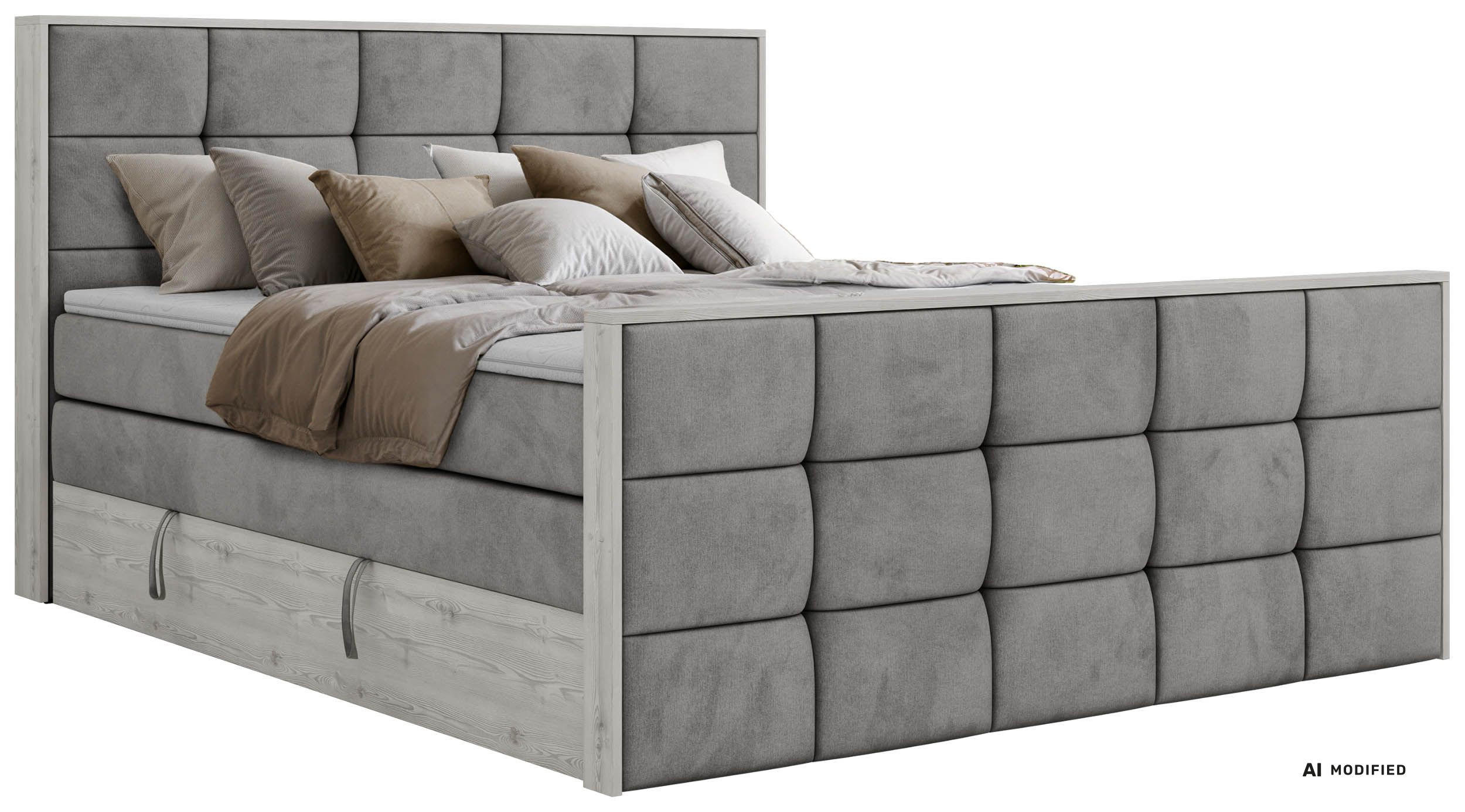 BOXSPRINGBETT ALNOR KING DUO 200/200 - Hellgrau Velvet - Topper Visco - H4 - Hellgrau/Schwarz, Kunststoff/Textil (200/200cm) - MKS