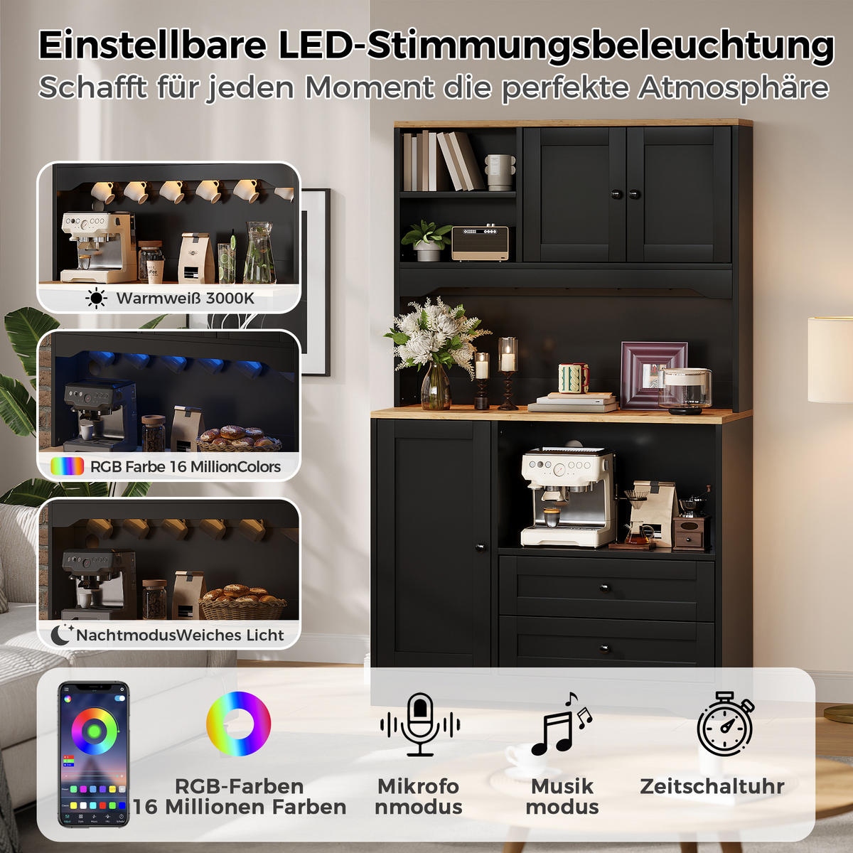BUFFET DE-38741 100/40/163 cm LED-Beleuchtung und Mikrowellenfach Schwarz - Schwarz, Holzwerkstoff (100/163/40cm) - ComfortXL
