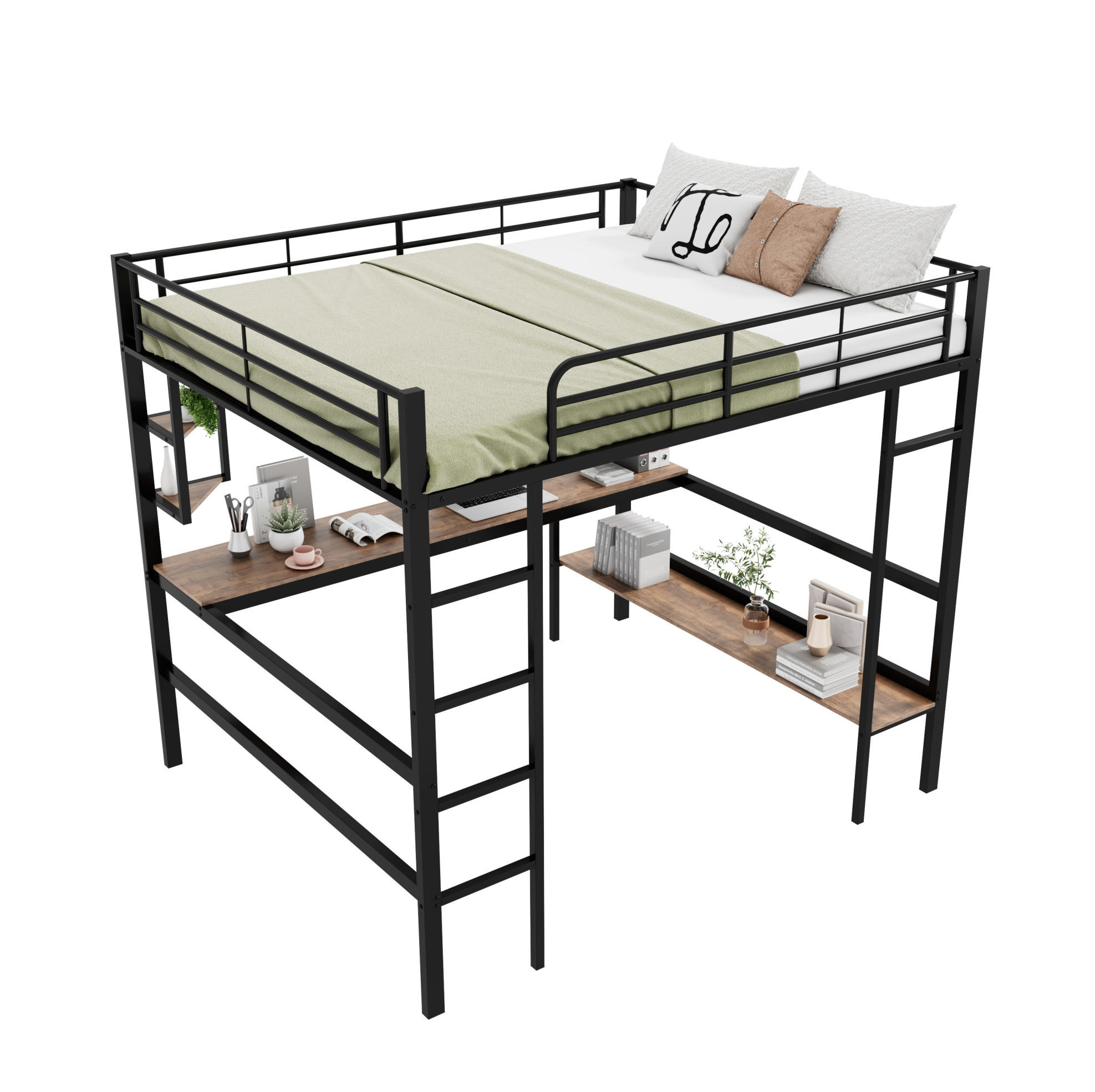HOCHBETT 140/200 cm aus Metall mit Schreibtisch, 4 Regalen und Bücherregal, Schwarz - Schwarz, Metall (140/200cm) - Redom