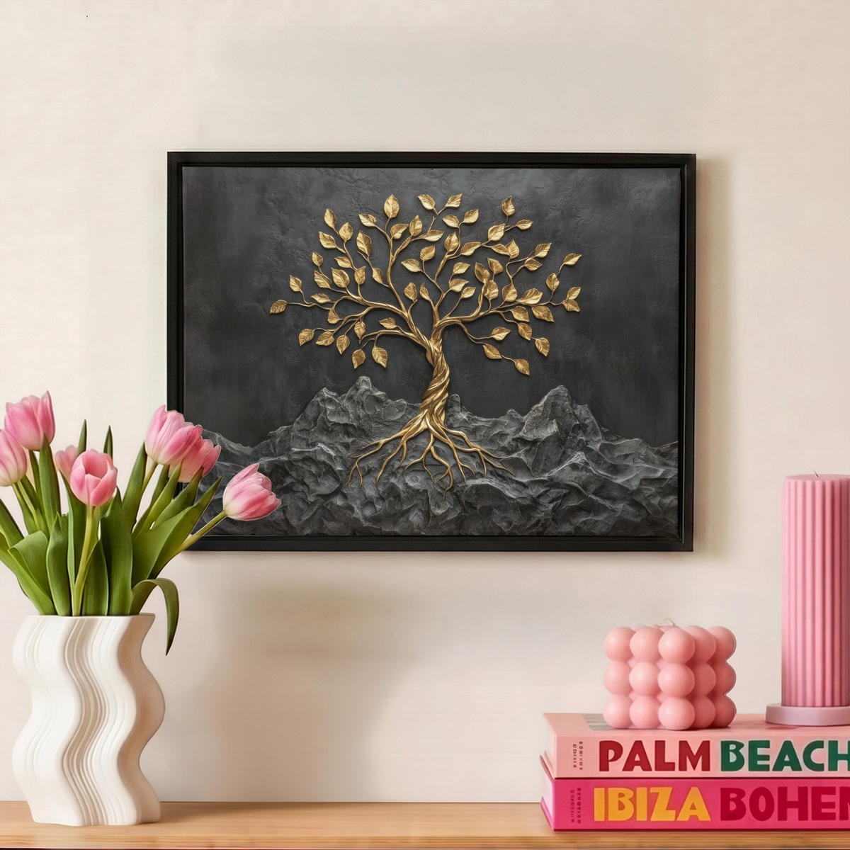 LEINWAND Bilder mit Rahmen - Blätter - Gold - Baum - Fels - 40x30 - Schwarz, Textil (40/30cm) - MuchoWow