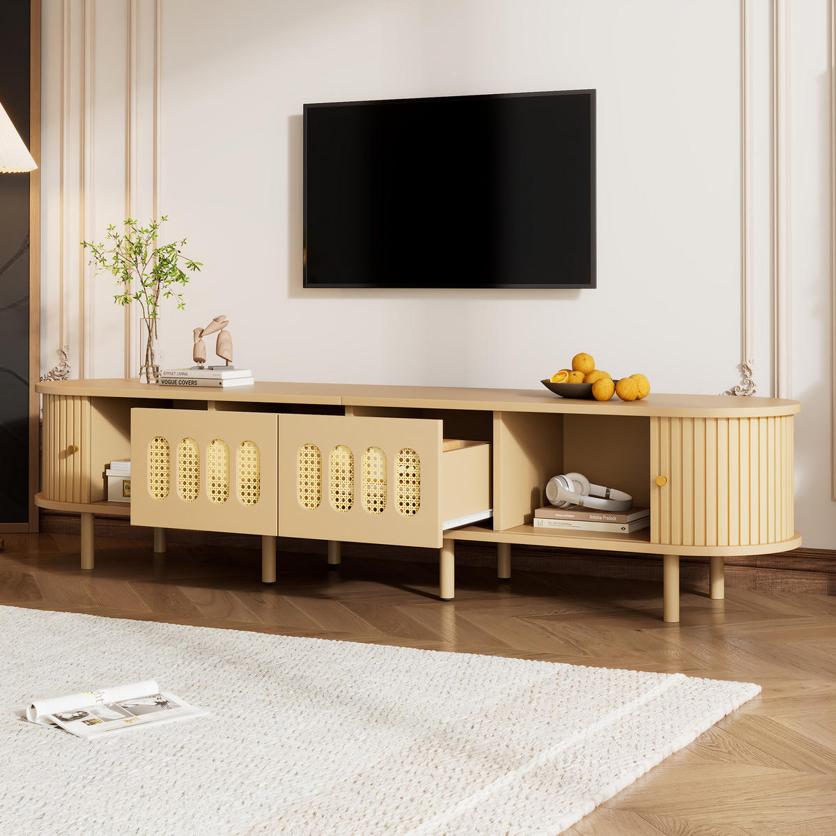 LOWBOARD DE-40408 2 Rattan-Schubladen mit Rolltüren Helle Holzfarbe - Naturfarben, Holzwerkstoff (180/40/40cm) - ComfortXL