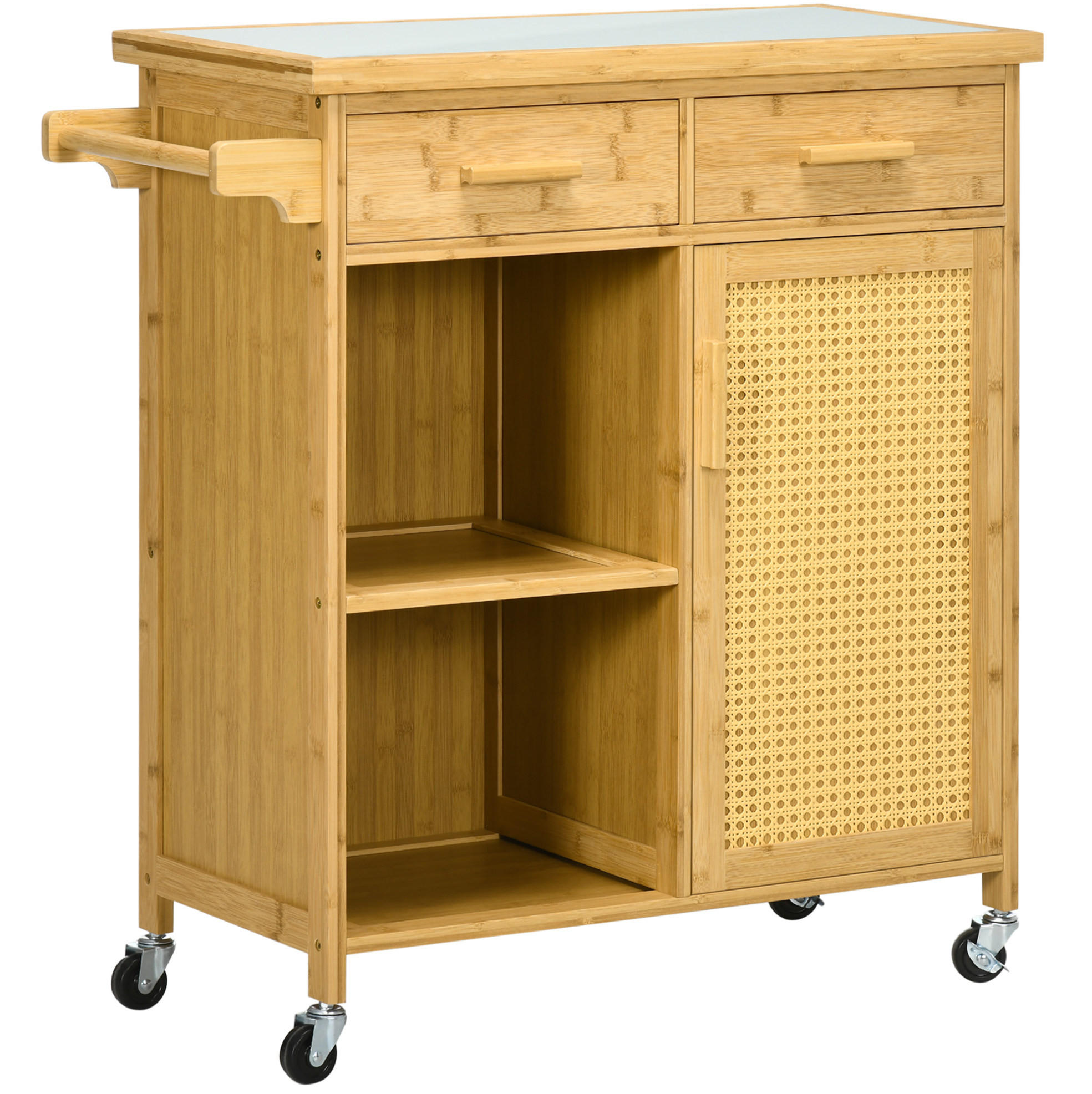 KÜCHENWAGEN Rollwagen 84x36x85cm Bambus Rattan mit Glasplatte & 4 Rollen - Naturfarben, Holz (36/85/84cm) - Modfu