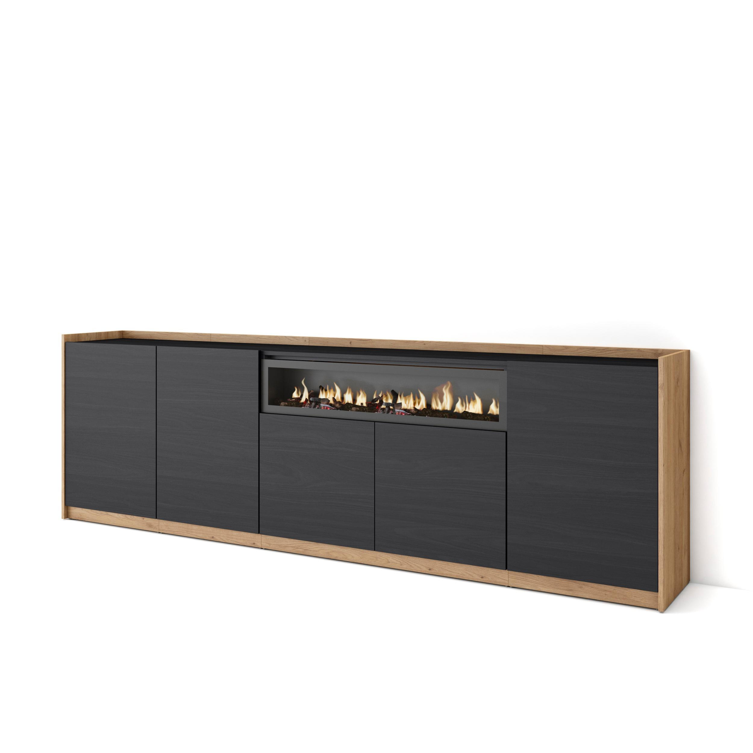 SIDEBOARD, Highboard, Schwarz Eiche, Elektrokamin, 260/37/80cm - Schwarz, Holzwerkstoff (260/80/37cm) - Skraut Home