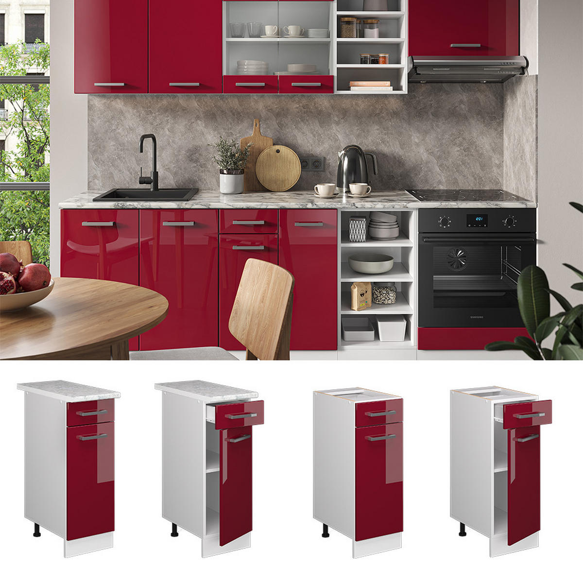 KÜCHENUNTERSCHRANK R-Line Rot Hochglanz 30 cm , AP Marmor - Bordeaux/Rot, Holzwerkstoff (30/81.6/60cm) - Vicco