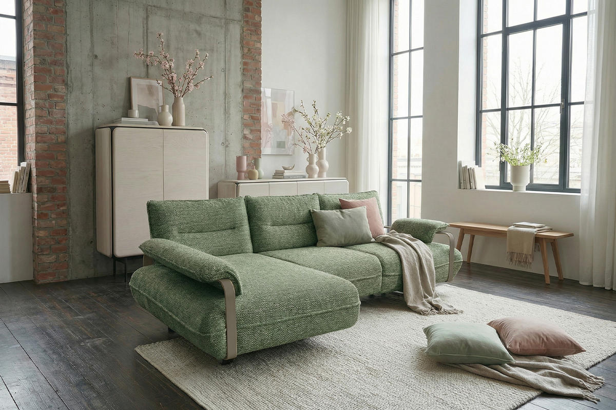 ECKSOFA ANISSA Grün Flachgewebe - Schwarz/Grün, Kunststoff/Textil (297/185cm) - KAWOLA