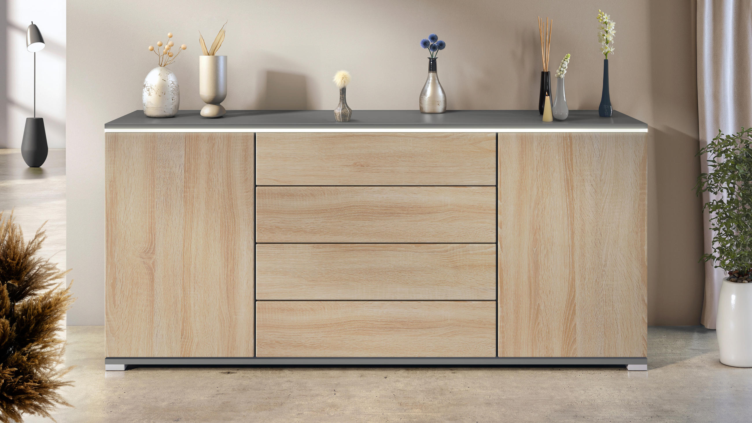 SIDEBOARD Faro Eiche sägerau - Eiche San Remo, Holzwerkstoff (166.5/75.5/35cm) - Vladon