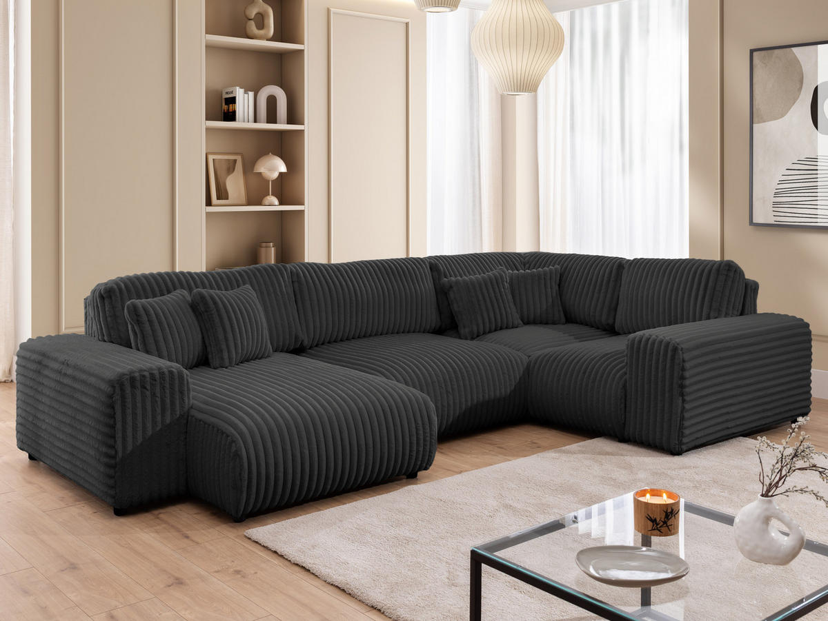 WOHNLANDSCHAFT Mollis Dunkelgrau Plüschcord im XXL-Format - Ottomane Links - Dunkelgrau/Schwarz, Holz/Kunststoff (316/77/194cm) - S-Style Möbel