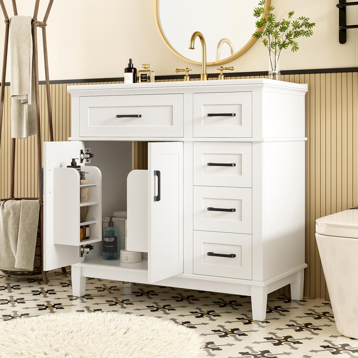 WASCHTISCHKOMBI 90x46x87 cm Weiß aus Keramik & Spanplatte mit geräuschlosen Schubladen - Weiß, Holzwerkstoff (90/87/46cm) - Modfu