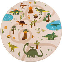 KINDERTEPPICH Kurzflor Dinosaurier-Landschaft Waschbar OEKO-TEX Spielteppich Jungen Mädchen Rund Beige 200x200 – TINO - Beige, Textil (200/200cm) - KADIMA DESIGN