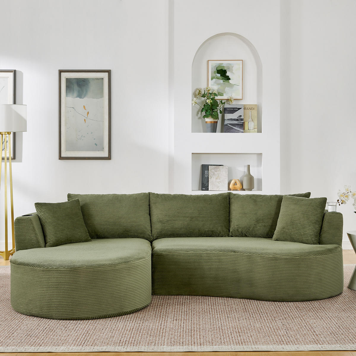 3-SITZER ECKSOFA Cord Grün mit Getränkehaltern und mit Kissen - Grün, Textil (264/168cm) - WISHDOR