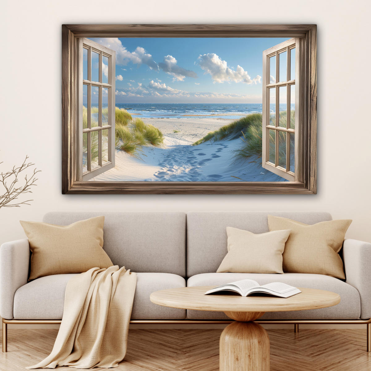 LEINWANDBILD Aussicht - Strand - Fenster - Dünen - Meer XXL 150x100 cm - Hellblau, Textil (150/100cm) - MuchoWow