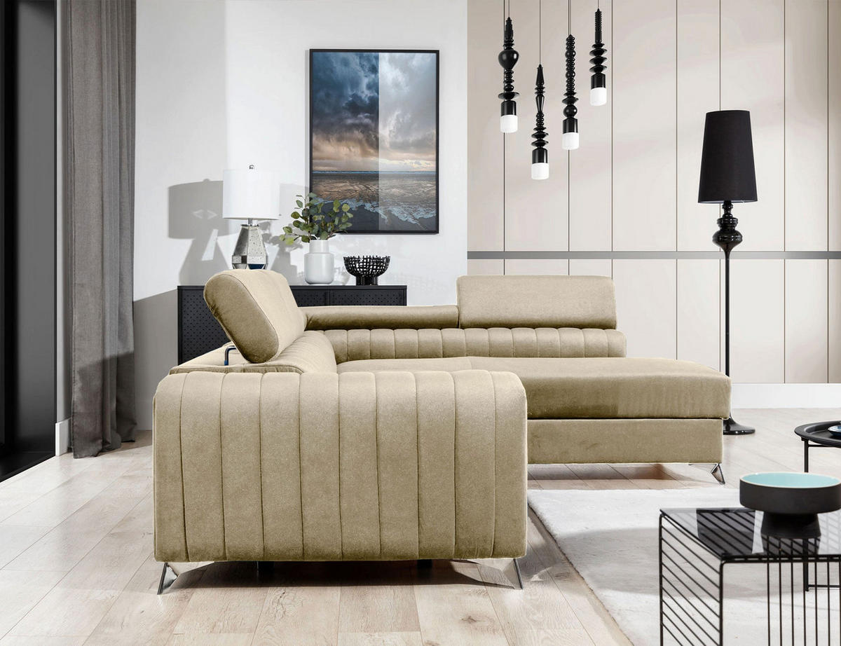 ECKSOFA Laurence mit Schlaffunktion & Bettkasten – 278 x 205 cm, verstellbare Kopfstützen - Beige, Kunststoff (278/205cm) - Wohnideebilder