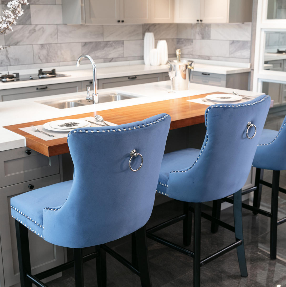 BARHOCKER 2er-Set Samt Blau mit Holzbeinen - Blau, Holz (50/103/60cm) - Meubliv