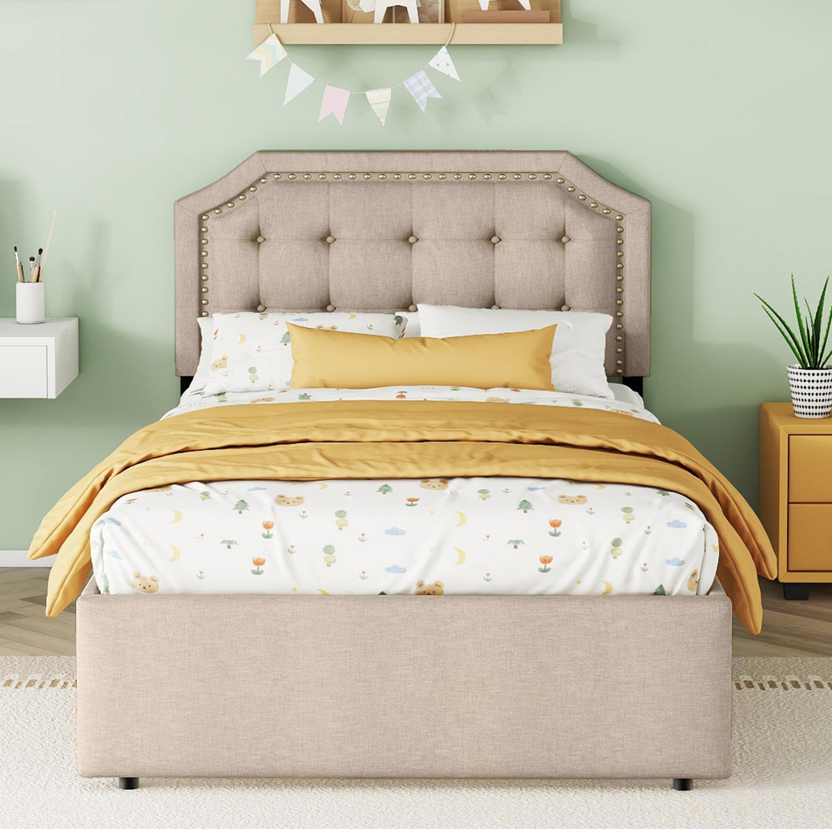 POLSTERBETT aus MDF und Leinenstoff 90x200 cm Dunkelbeige mit 2 Schubladen - Beige, Textil (90/200cm) - IVMEU