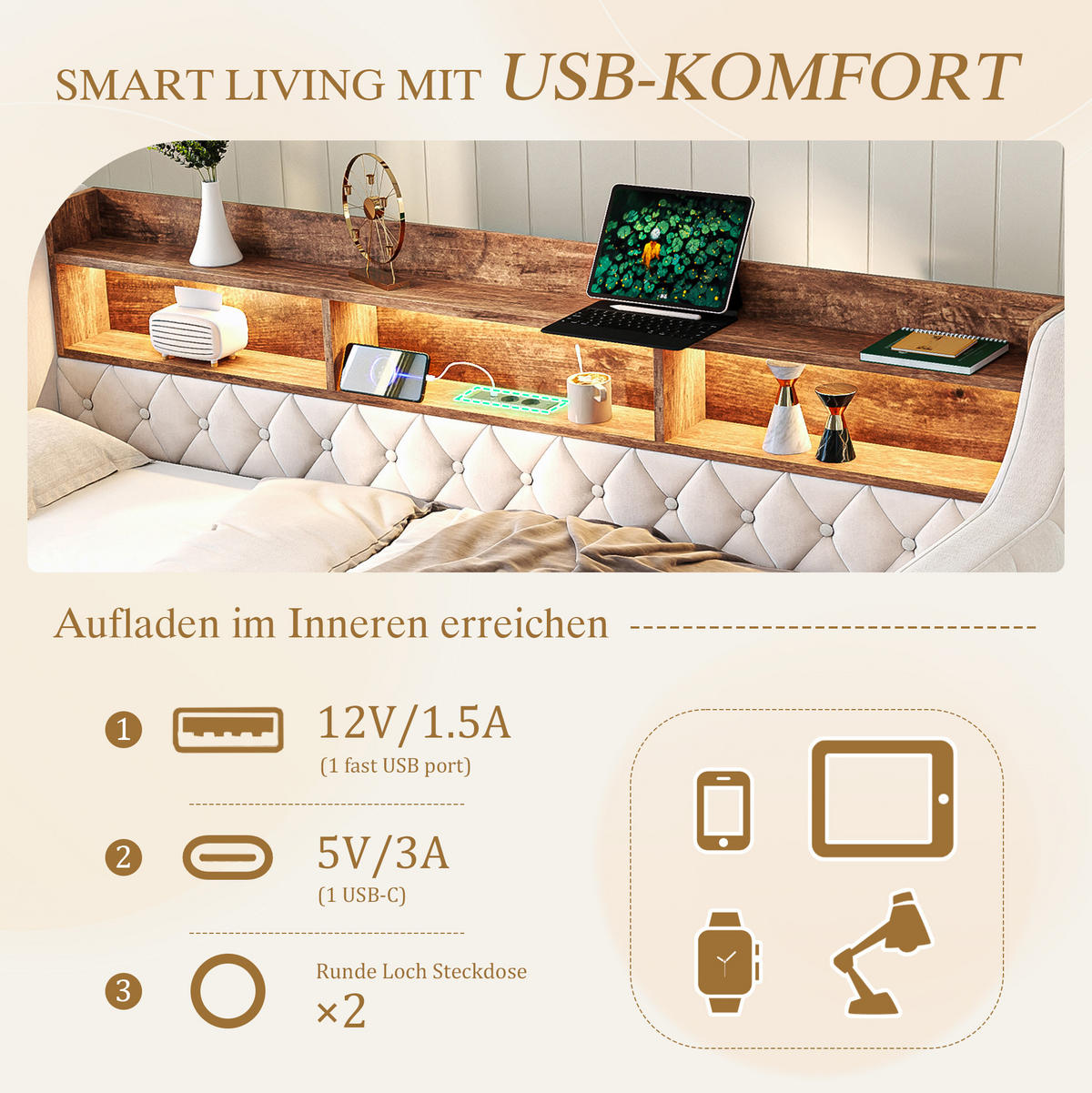 BETT 90/190 cm Beige aus Samt mit Stauraum, LED und USB-C - Beige, Textil (90/190cm) - OKMYHOME