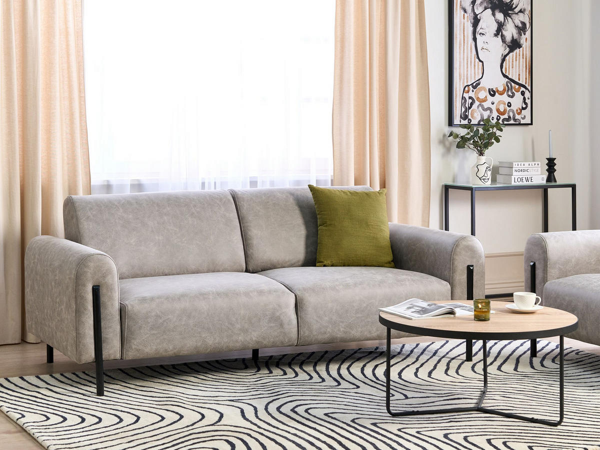 3-SITZER-SOFA Lederoptik hellgrau Askim - Schwarz/Grau, Textil (207/87/89cm) - Beliani