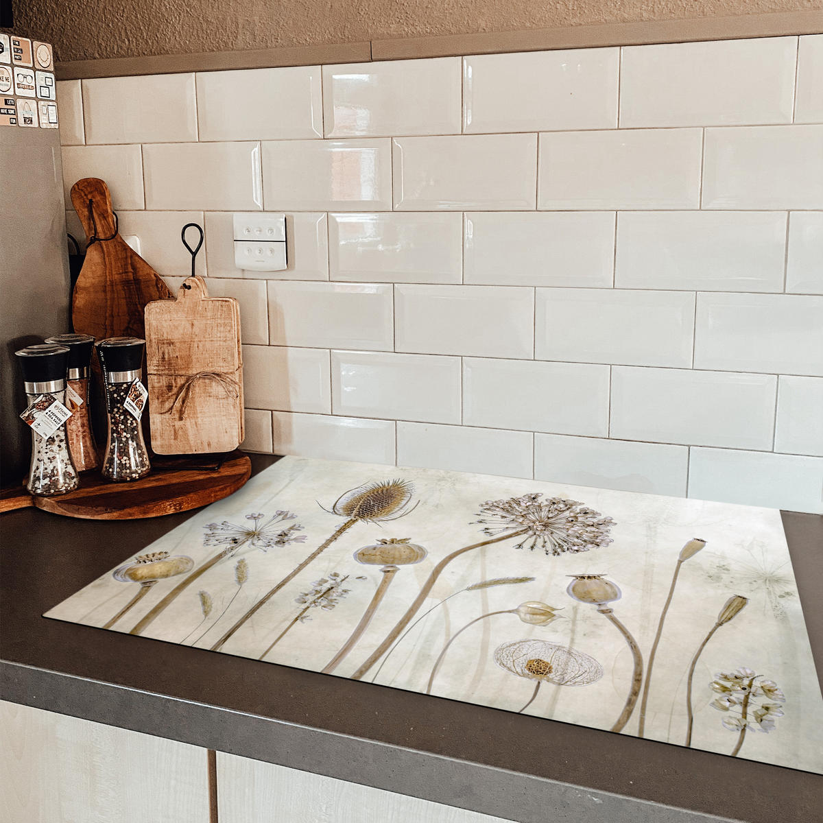 HERDABDECKPLATTE Blumen - Aquarell - Stilleben - Braun - Vintage 76x51 cm - Sandfarben, Kunststoff (76/51.5/0.2cm) - MuchoWow