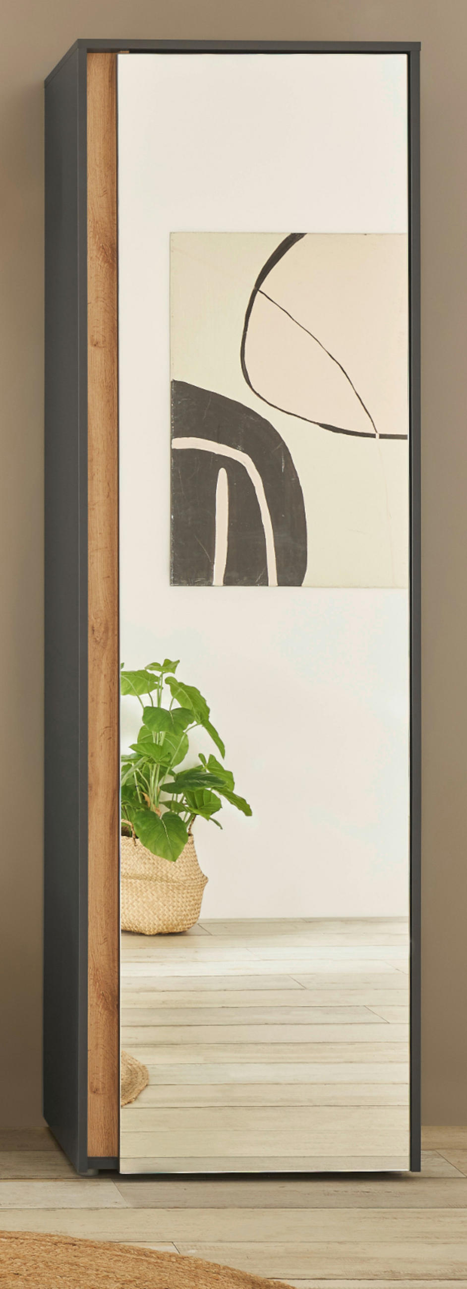 GARDEROBENSCHRANK grau matt, Eiche Wotan 60 cm, Flurschrank mit Spiegel - Silberfarben/Eiche Wotan, Glas/Holzwerkstoff (60/200/40cm) - Furn.Design