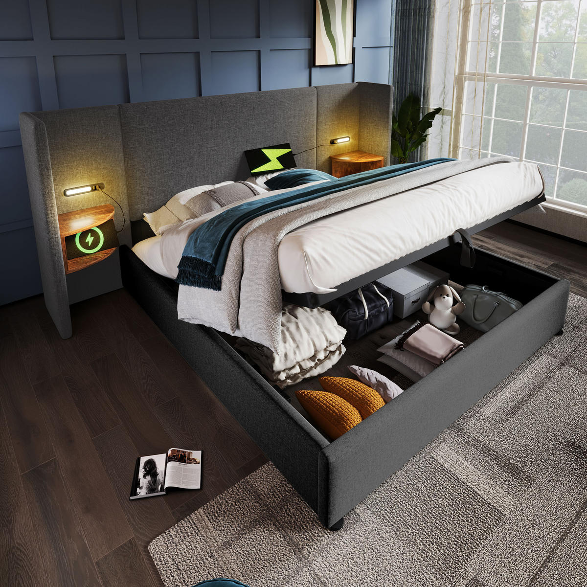 POLSTERBETT 160/200 cm Grau mit Nachttisch und USB-Ladefunktion - Grau, Textil (160/200cm) - OKWISH