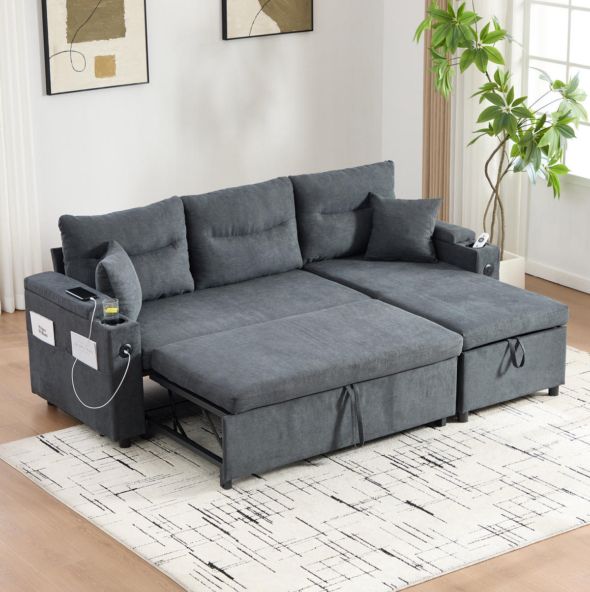 ECKSCHLAFSOFA 3-Sitzer Leinen mit USB-Anschluss und Stauraum Dunkelgrau 212,5/136/86 cm - Dunkelgrau, Textil (136/212.5cm) - Redom