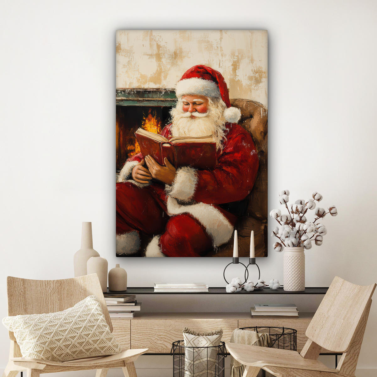 LEINWANDBILD Weihnachten - Weihnachtsmann - Winter - Open Fireside Deko Groß 90x140 cm - Dunkelrot, Textil (90/140cm) - MuchoWow