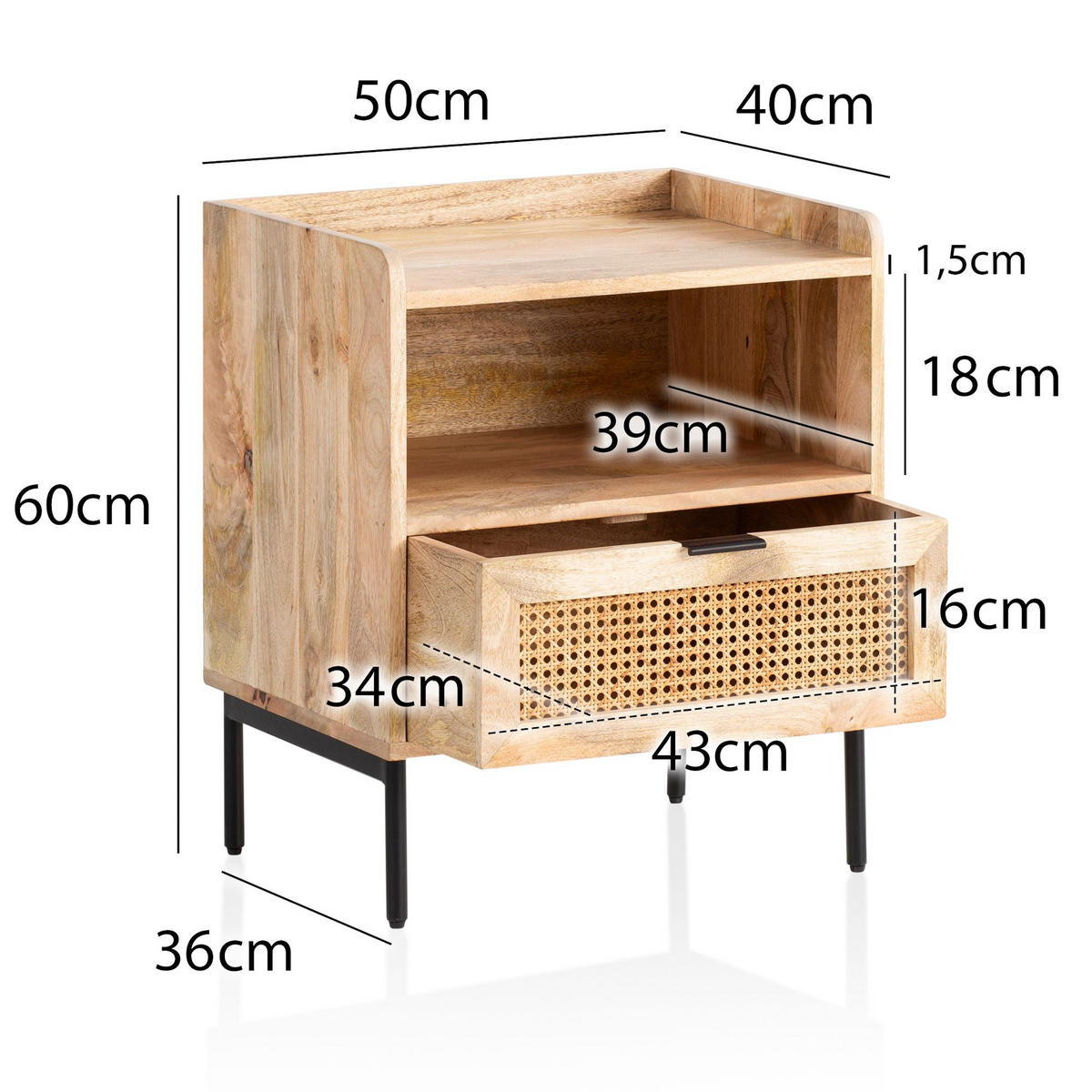 NACHTTISCH – Mango Massivholz/Rattan, 50x60x40 cm, 1 Schublade, Wiener Geflecht - Schwarz/Braun, Holz/Metall (50/60/40cm) - KADIMA DESIGN