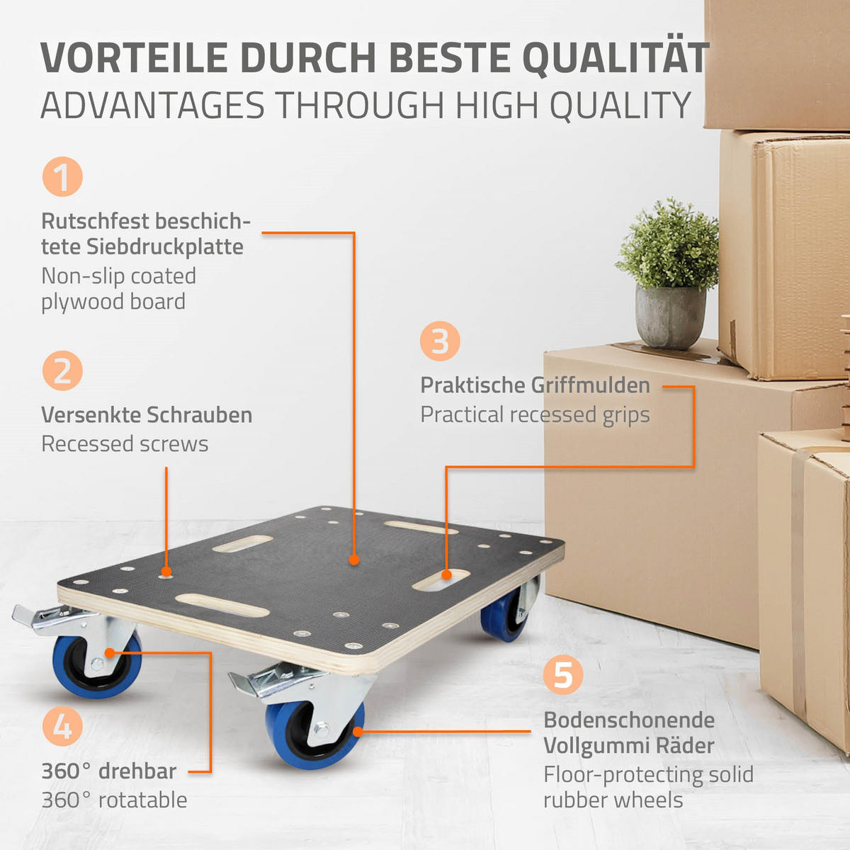 TRANSPORTROLLER 2er Set mit 4 Rollen 2 mit Bremsen 35x50 cm Traglast 800kg Siebdruck Holzplatte Black - Dunkelgrau, Holzwerkstoff (35/50/14.5cm) - ECD-Germany
