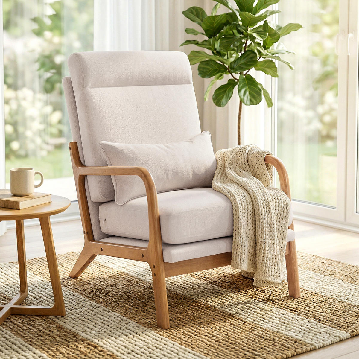 SESSEL DE-13363 hohe Rückenlehne & Lendenkissen Creme - Creme, Holz (64/93/86cm) - ComfortXL