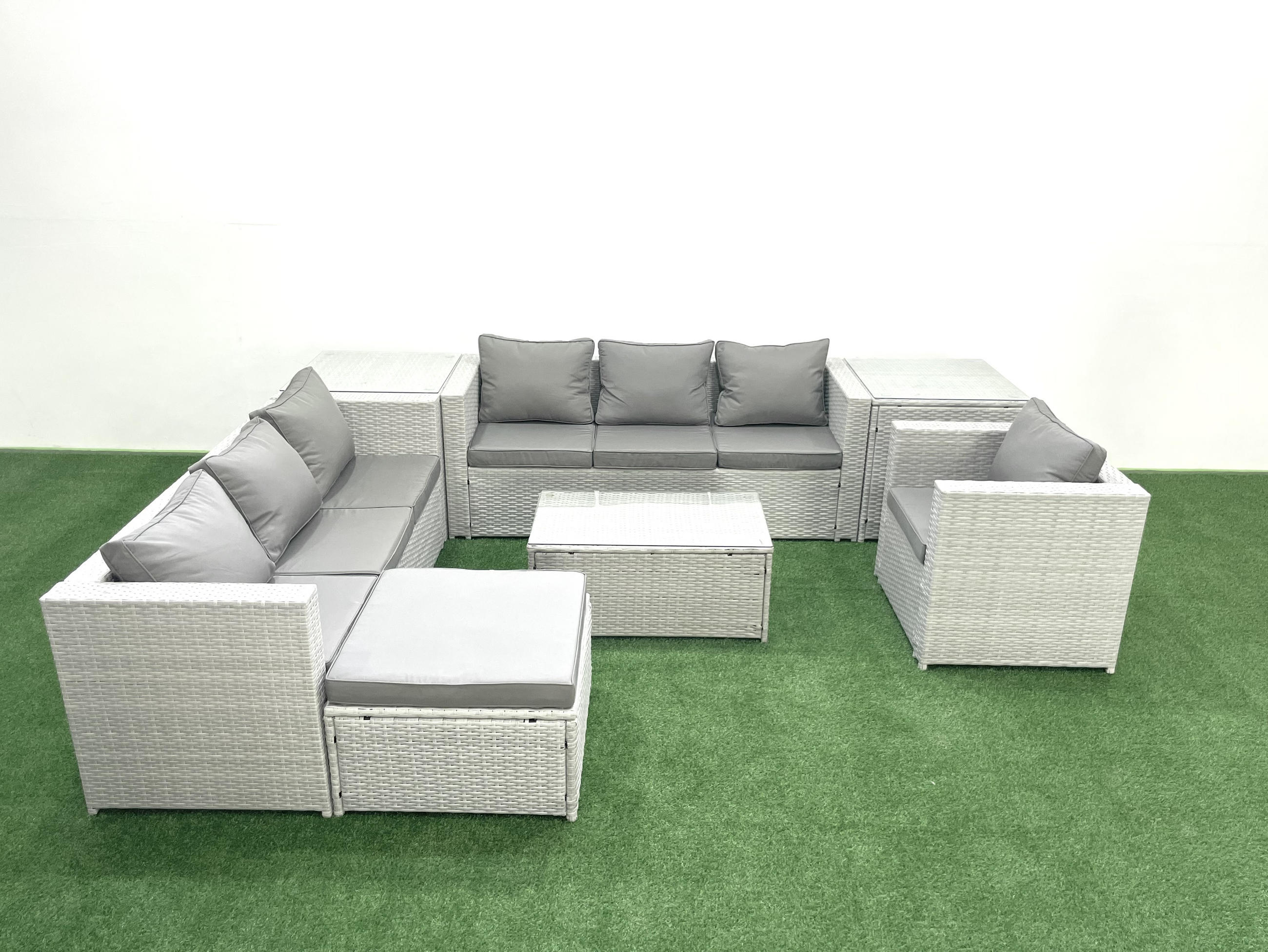 GARTENGARNITUR mit 3-SITZER SOFA,COUCHTISCH Polyrattan Hellgrau-Mix 8-Sitzer - Hellgrau/Grau, Glas/Kunststoff - Fimous