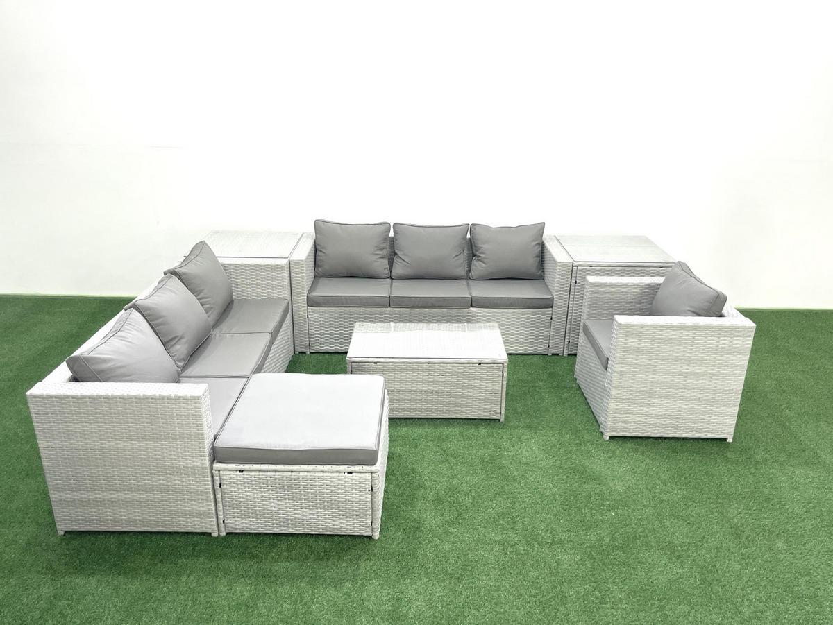 GARTENGARNITUR mit 3-SITZER SOFA,COUCHTISCH Polyrattan Hellgrau-Mix 8-Sitzer - Hellgrau/Grau, Glas/Kunststoff - Fimous