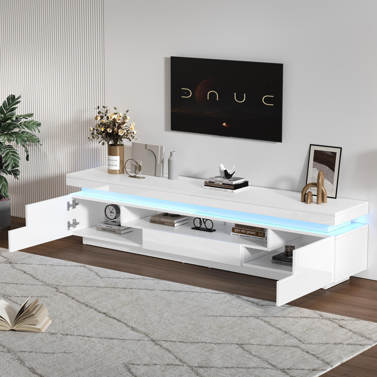 TV-LOWBOARD 175x38x45 cm Weiß Hochglanz LED 2 Schränke 1 Schublade - Weiß, Holzwerkstoff (38/45/175cm) - FLIEKS