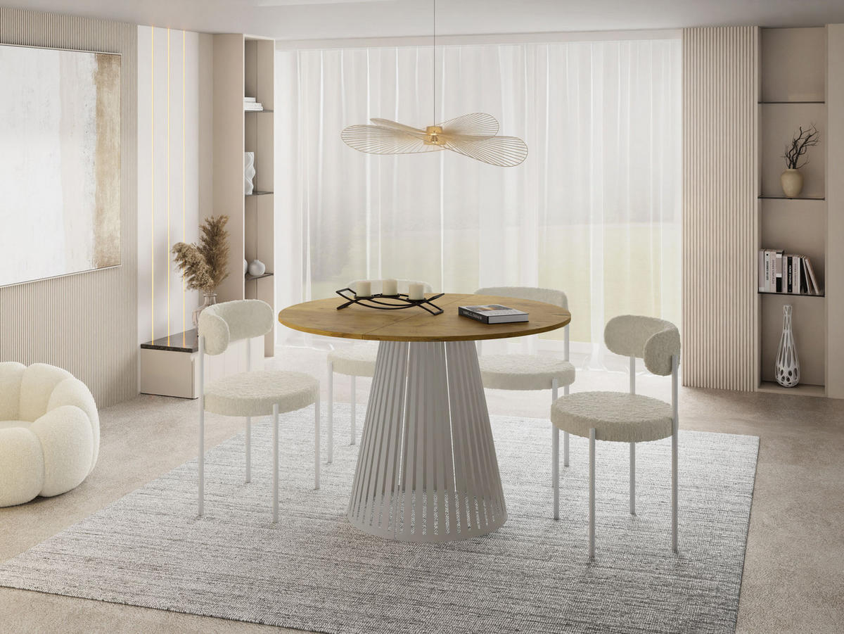 ESSTISCH Naro rund ausziehbar mit Lamellen-Metallgestell in Grau-Beige, Braun 100-180/100/76 cm - Kaschmir/Eichefarben, Holzwerkstoff/Metall (100/100/76cm) - WFL GROUP