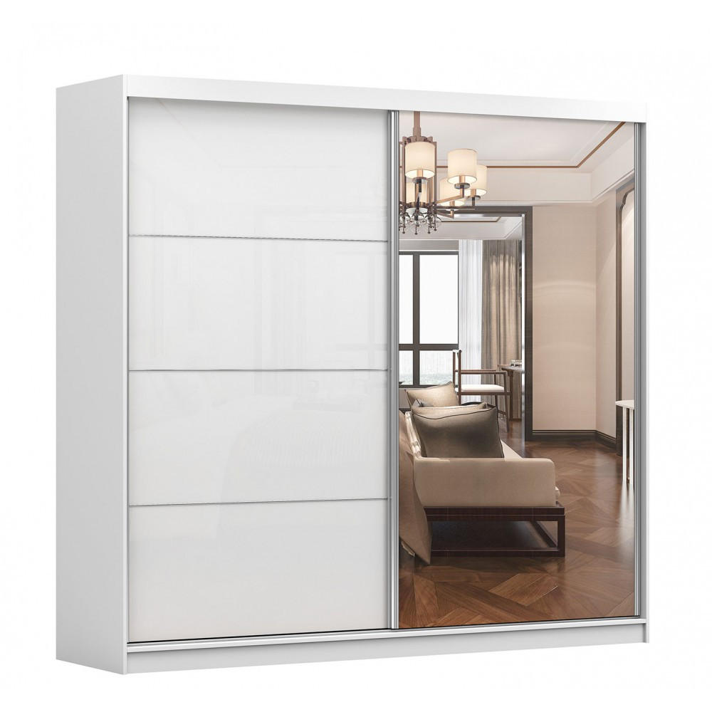 SCHWEBETÜRENSCHRANK Multi 35 Weiß/Weiß Semigloss + Spiegel 233 cm - Alufarben/Weiß, Glas/Holzwerkstoff (233/218/61cm) - imoebel24