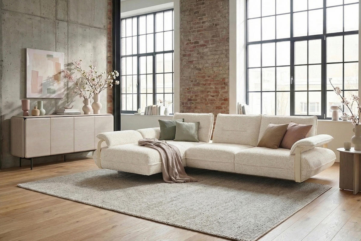 ECKSOFA ANISSA Cremeweiß Flachgewebe - Creme/Schwarz, Kunststoff/Textil (297/185cm) - KAWOLA