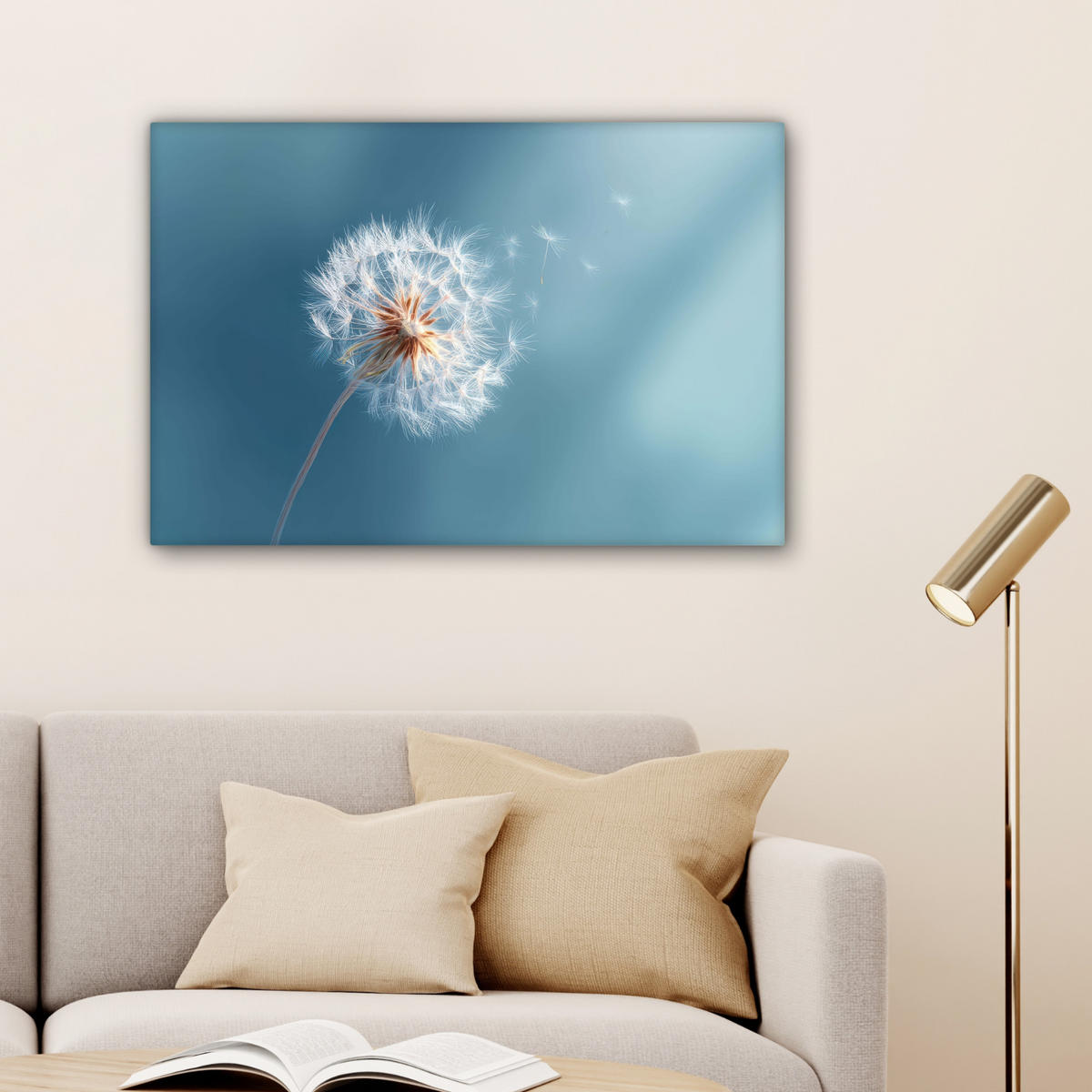 LEINWANDBILD Löwenzahn - Wind - Blau Gemälde 60x40 cm - Blaugrau, Textil (60/40cm) - MuchoWow