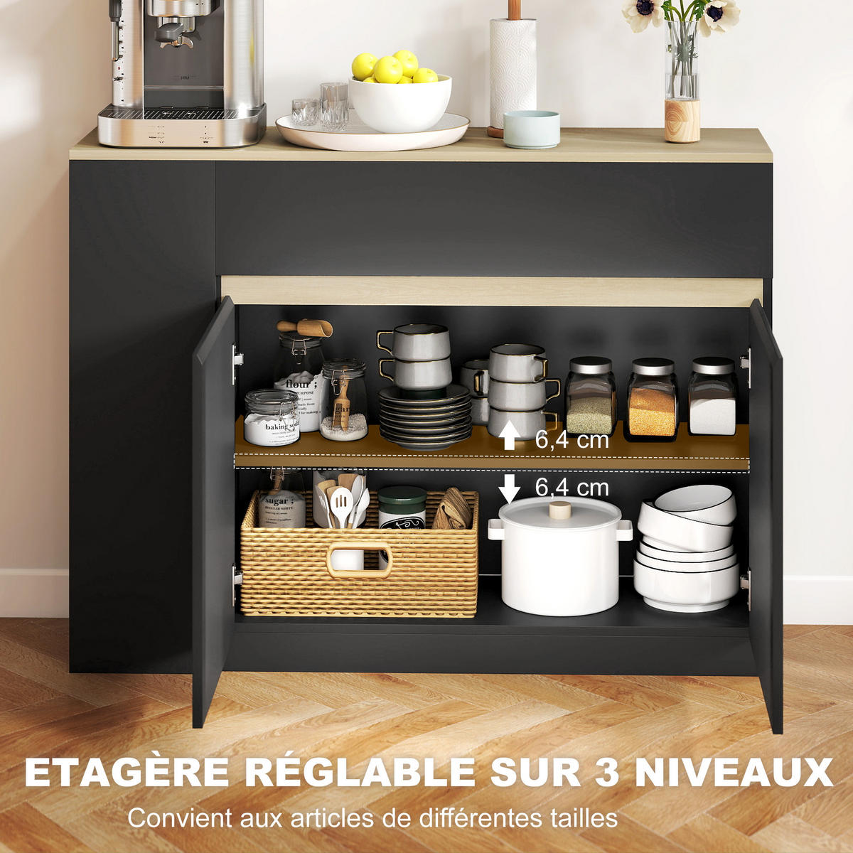 SIDEBOARD DE-11197 2 Schubladen, 3 offene Fächer Schwarz - Schwarz, Holzwerkstoff (110/82/29.5cm) - ComfortXL