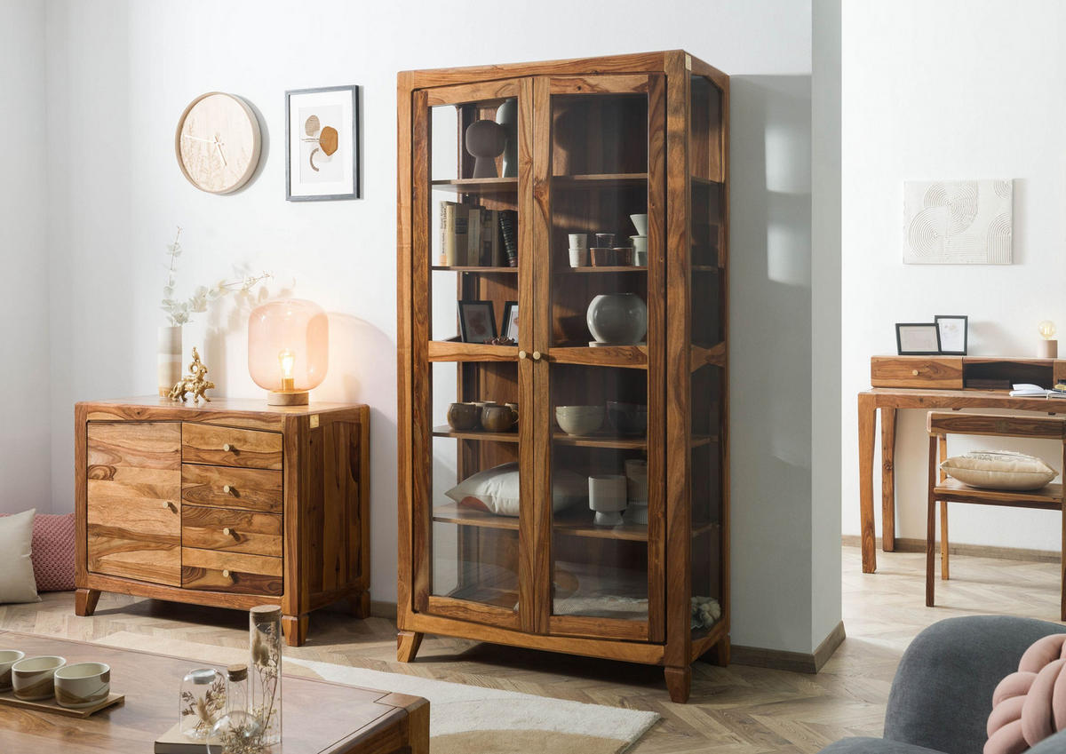 VITRINE Sheesham 100x45x195 braun lackiert ANCONA #116 - Braun, Holz (100/195/45cm) - Massivmoebel24