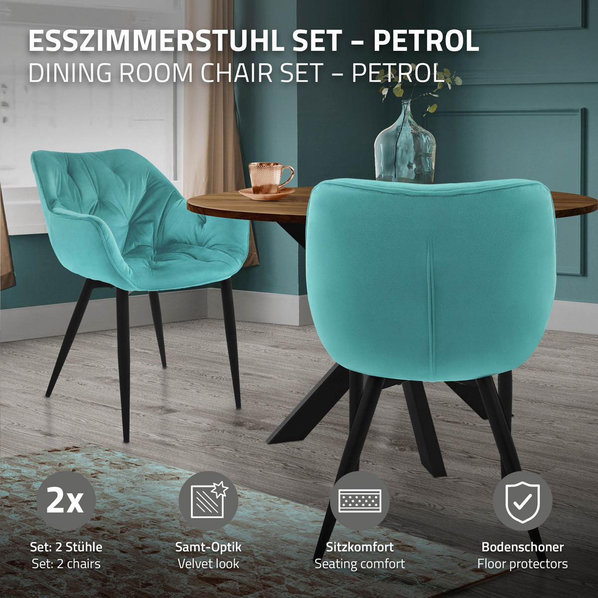 JÍDELNÍ ŽIDLE, sada 2 ks, petrolový samet - modrá/černá, kov (67/83/59cm) - ML-DESIGN