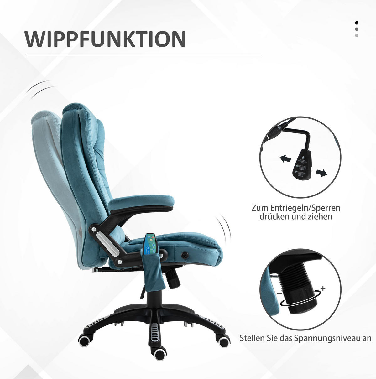 GAMINGSTUHL 68/72/110-120 cm, Massage- und Wärmefunktion, höhenverstellbar, blau - Blau, Kunststoff (72/120/68cm) - Redom
