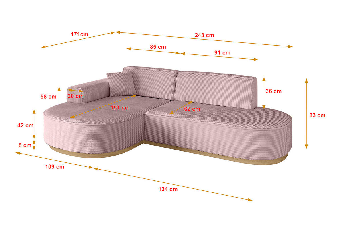 ECKSOFA Ottomane Links MARI-L1-v2 - 243x171x83 cm Rosa Cord - Rosa, Holzwerkstoff/Textil (243/171cm) - ALTDECOR