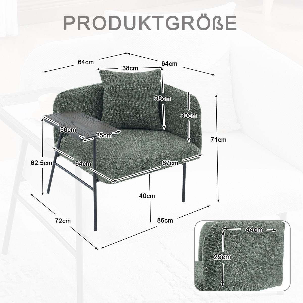 SESSEL mit Beistelltisch und Seitentaschen, Polstersessel Wohnzimmer, Grün - Grün, Textil (64/71/64cm) - PARAFTA HOME