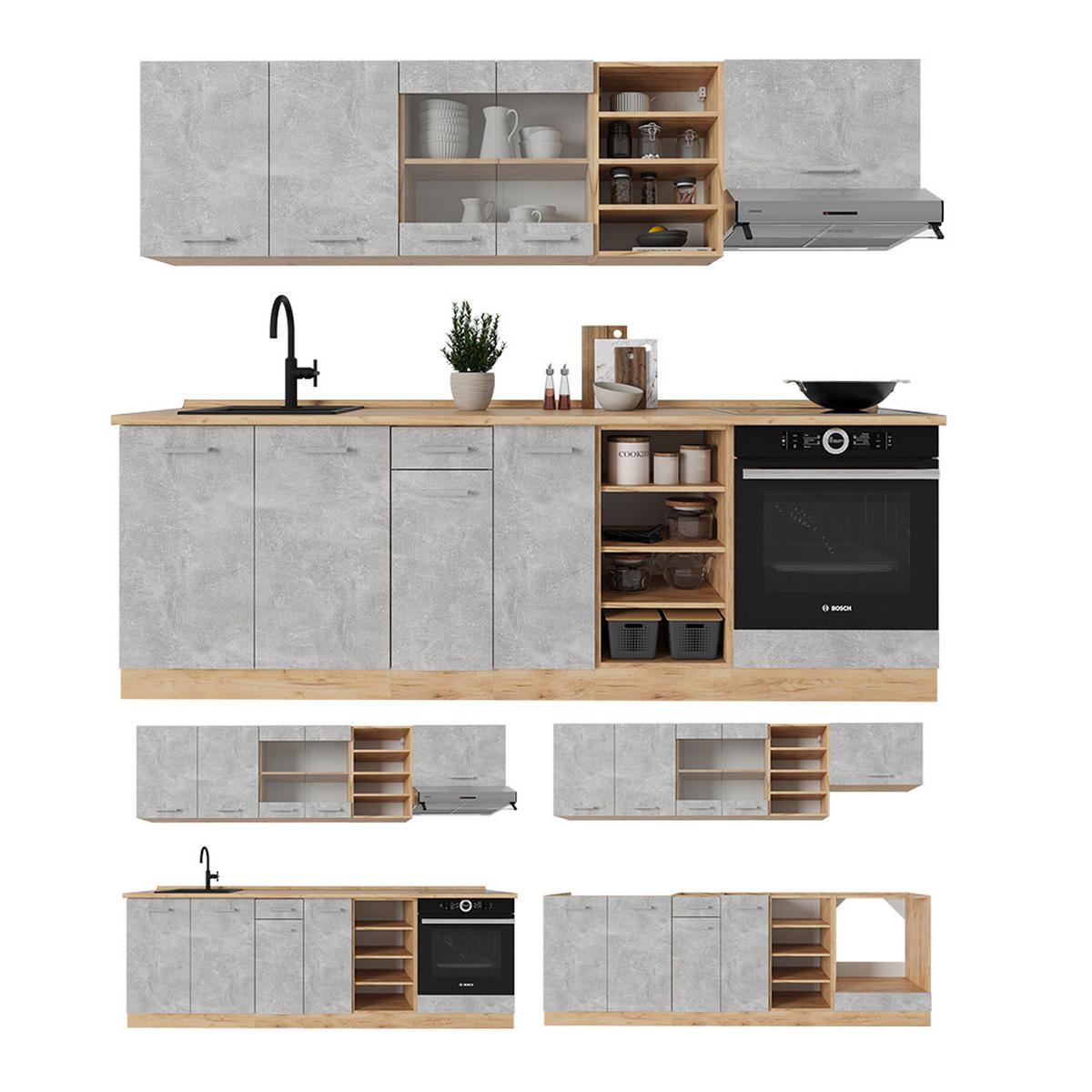KÜCHENZEILE R-Line Beton/Goldkraft Eiche 240 cm , AP Marmor - Schieferfarben/Eiche Wotan, Holzwerkstoff (240/81.6/60cm) - Vicco