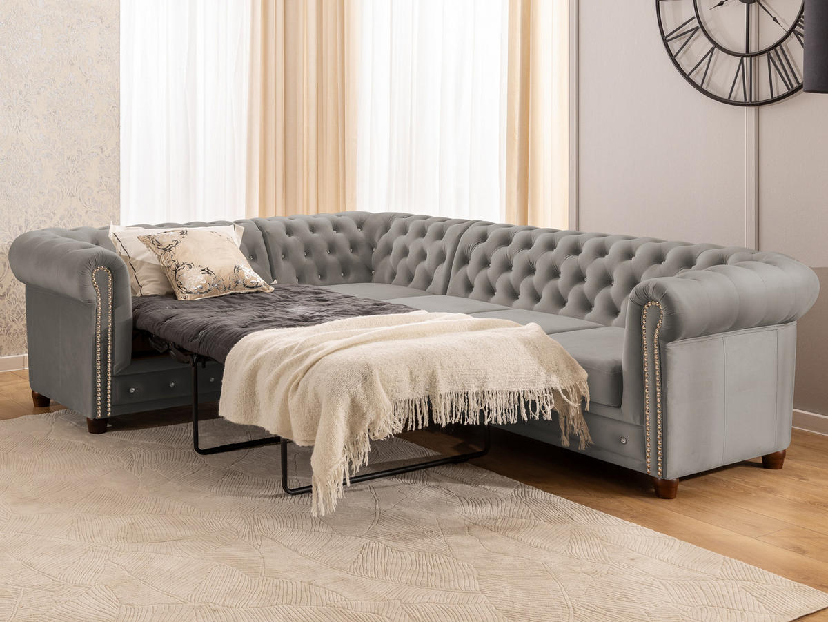 ECKSOFA mit Schlaffunktion Chesterfield Marineblau Samt mit Kristallsteppung und braunen Massivholzfüßen - Ottomane Links - Blau/Braun, Holz/Textil (264/210cm) - S-Style Möbel