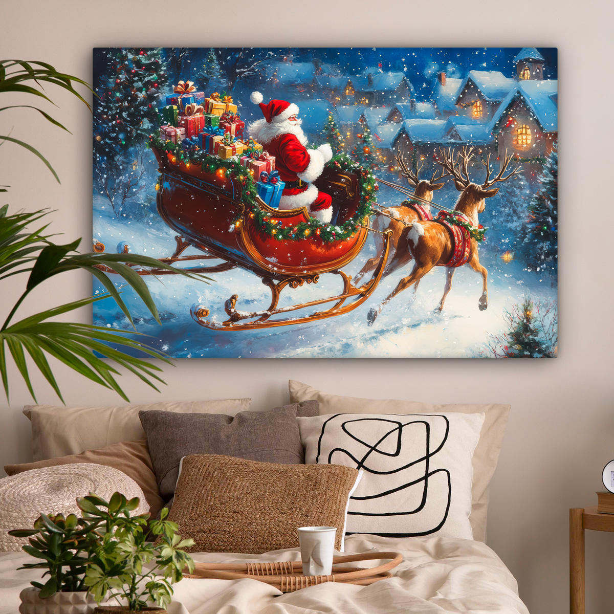 LEINWANDBILD Weihnachtsmann - Rentier - Weihnachten - Schnee Wohnzimmer 120x80 cm - Cognac, Textil (120/80cm) - MuchoWow